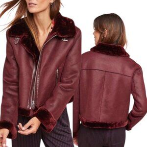 Anthropologie Wine Faux Shearling Moto Jacket